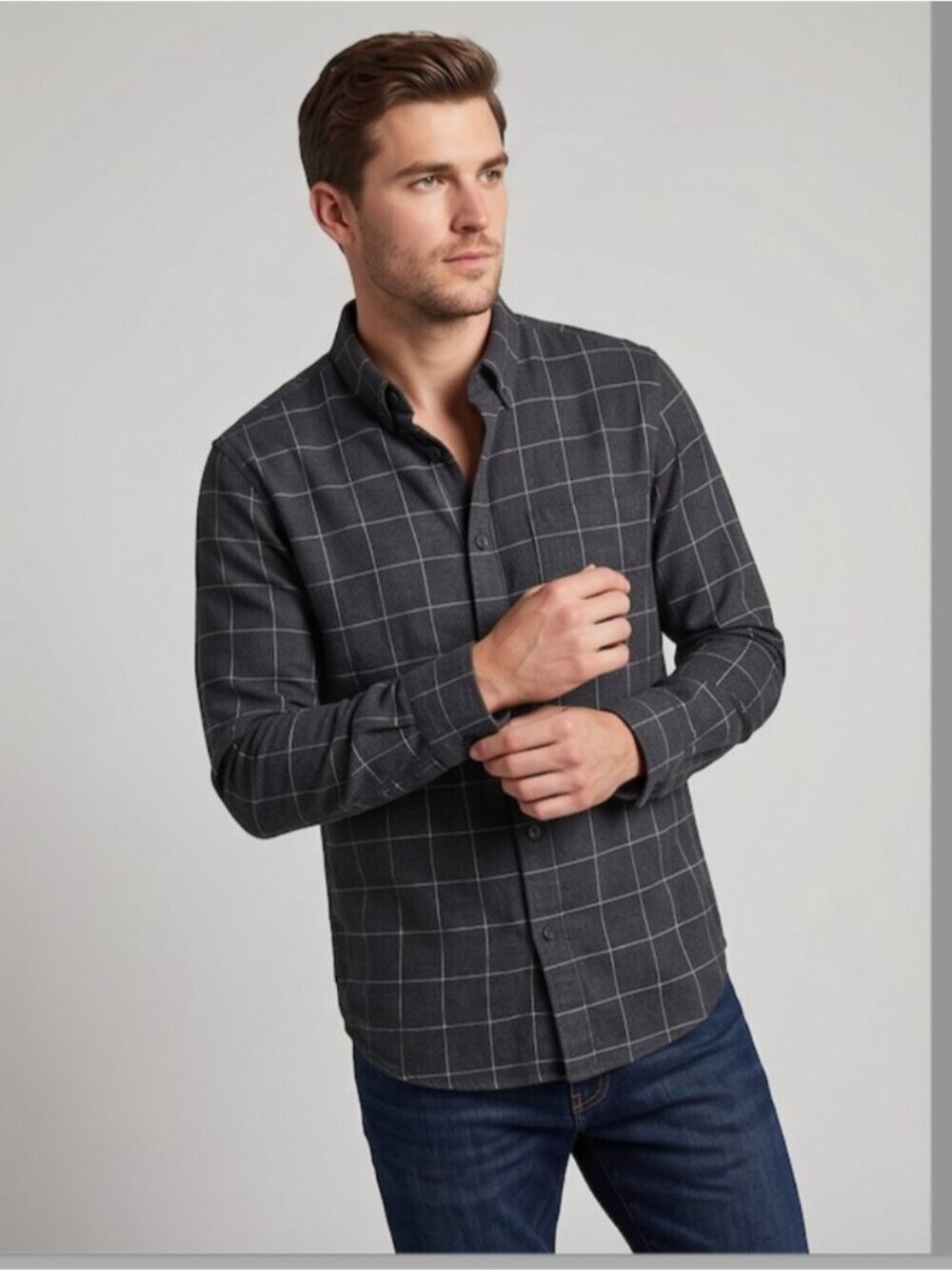 Club Monaco 100% Cotton Charcoal Windowpane Plaid Button Down Shirt Long Sleeve